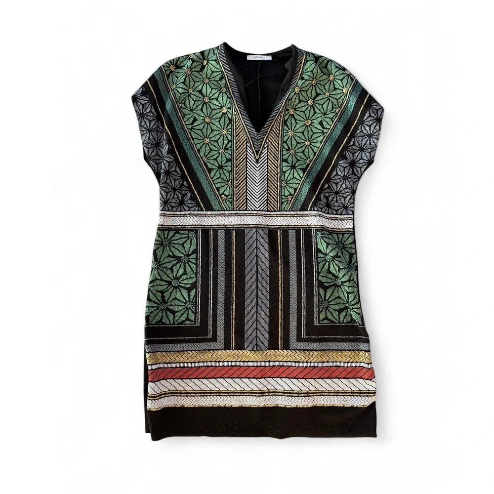Zara Geometric V-Neck Mini Dress or Tunic‎ with Gold Thread Accents Size Small